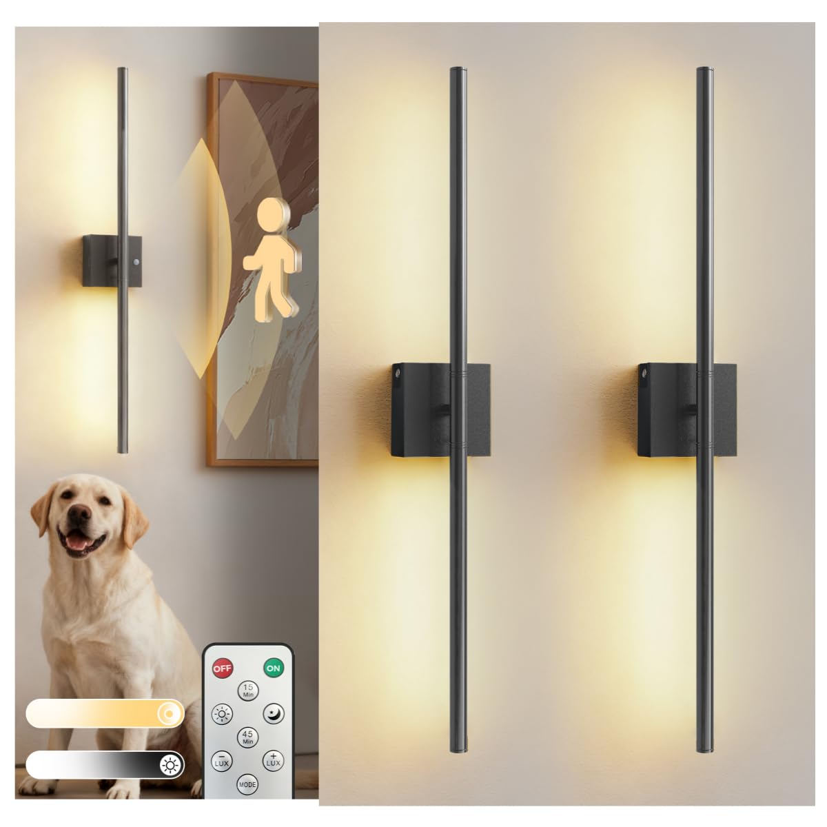 L LOHAS LED Battery Operated Wall Sconces Set of 2, Battery Wall Sconce 10000mAh, Black Rechargeable Sconces 3CCT with Light and Motion Sensor, 28.5 Inch, Sconce Wall Decor for Bedroom, Living Room