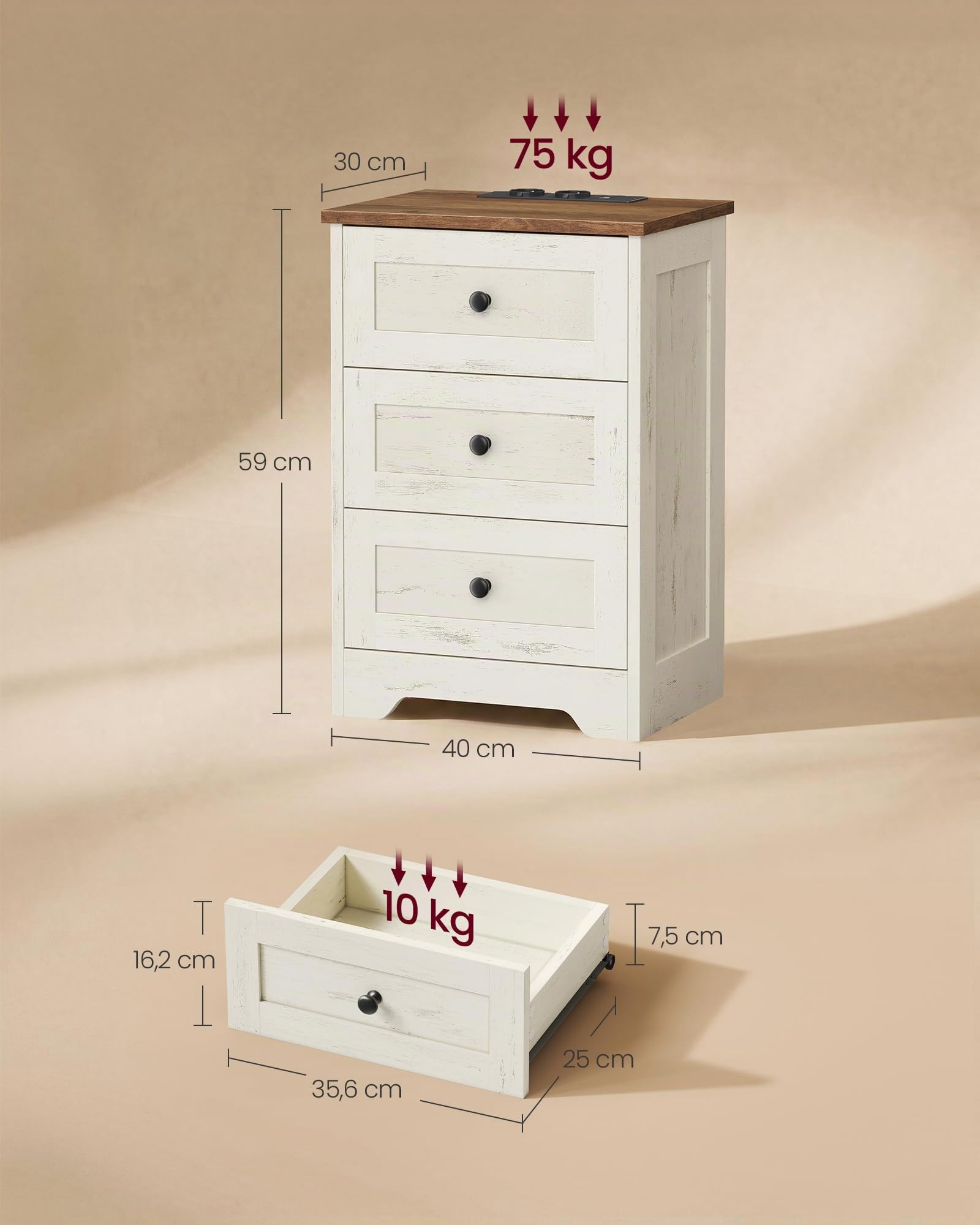 VASAGLE Mesita de Noche con Enchufes, Mesa Auxiliar con 3 Cajones y Compartimento Abierto, 40 x 30 x 59 cm, para Dormitorio, Salón, Blanco Rústico y Marrón Miel, Colección Siren LET668WJ01
