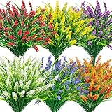 Der Rose 24 Bundles Artificial Plants Outdoor Fake Lavender Flowers UV Resistant Faux Plants Monkey Grass for Garden Porch Fence Patio Window Box Decor（Colorful）