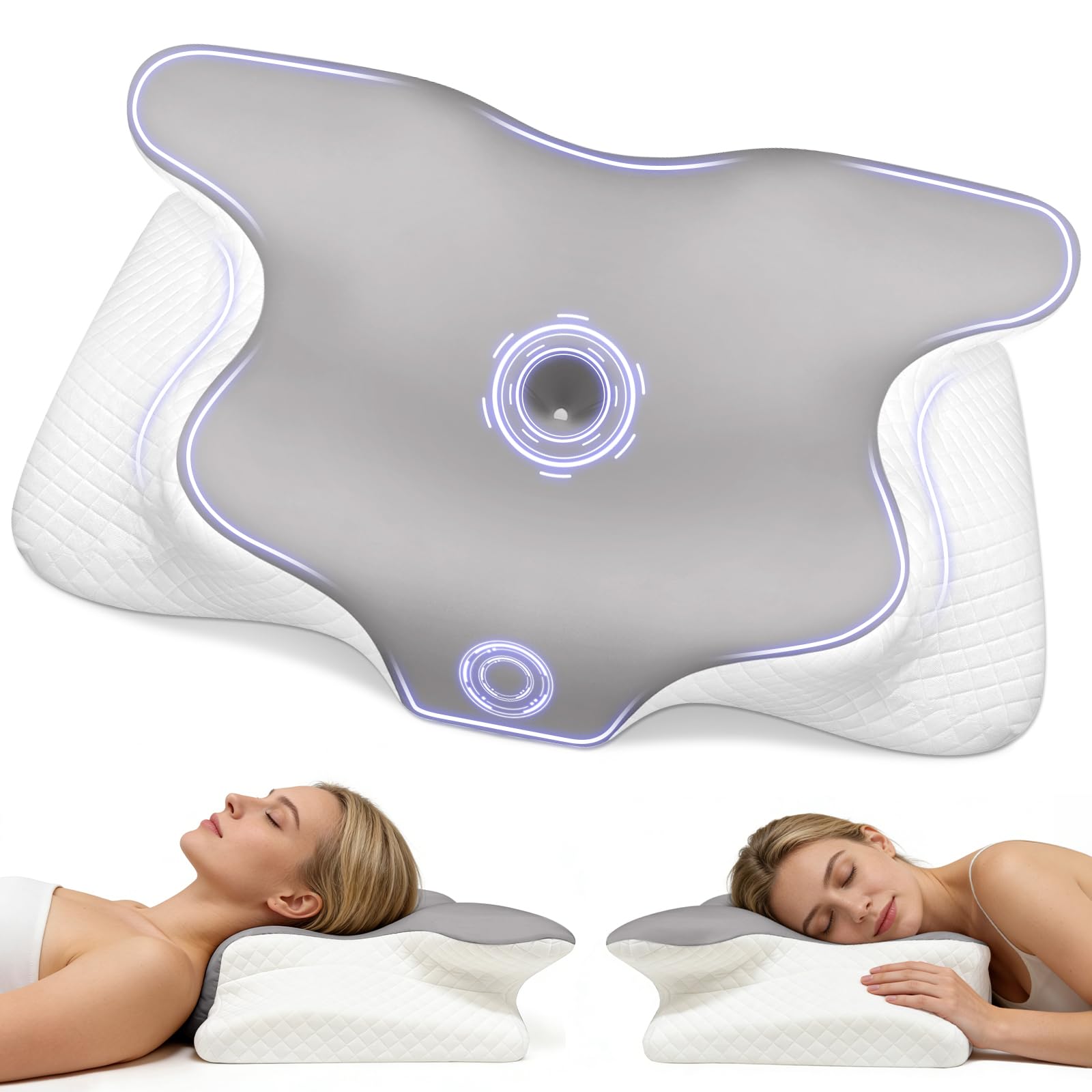 Almohada cervical de espuma viscoelástica para el cuello, almohada ergonómica para los lados, la espalda y el estómago, almohada ortopédica, suave y cómoda (60 x 40 x 13 cm, gris)