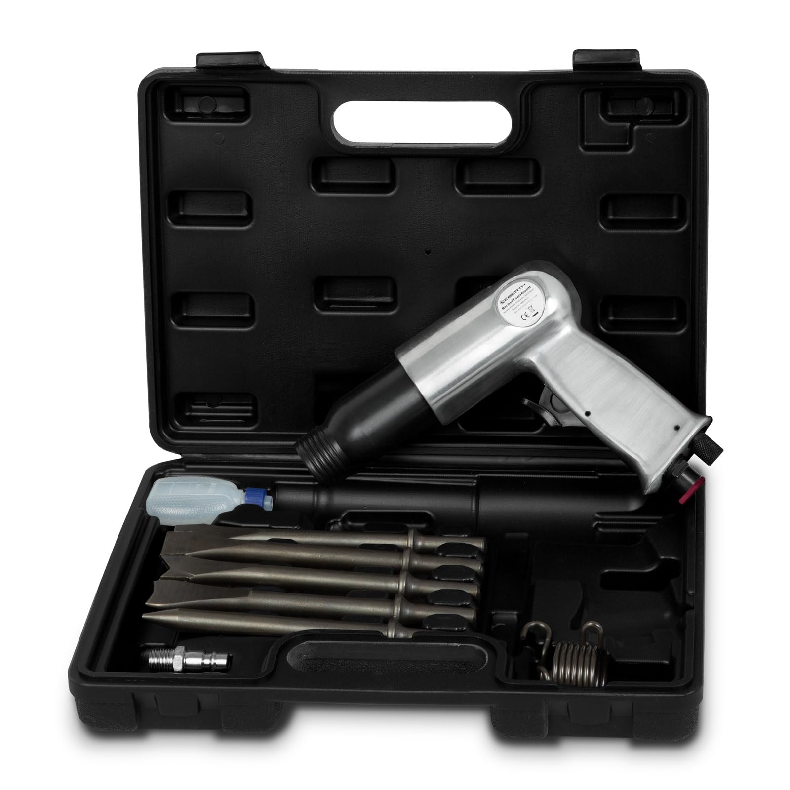 EBERTH burin pneumatique avec coffret, set d'outils 10 pièces, 4500 coups/​min, 5x burins 150 mm, marteau burineur avec raccord 1/​4", y compris accouplement, burette d'huile (vide), ressort de maintien