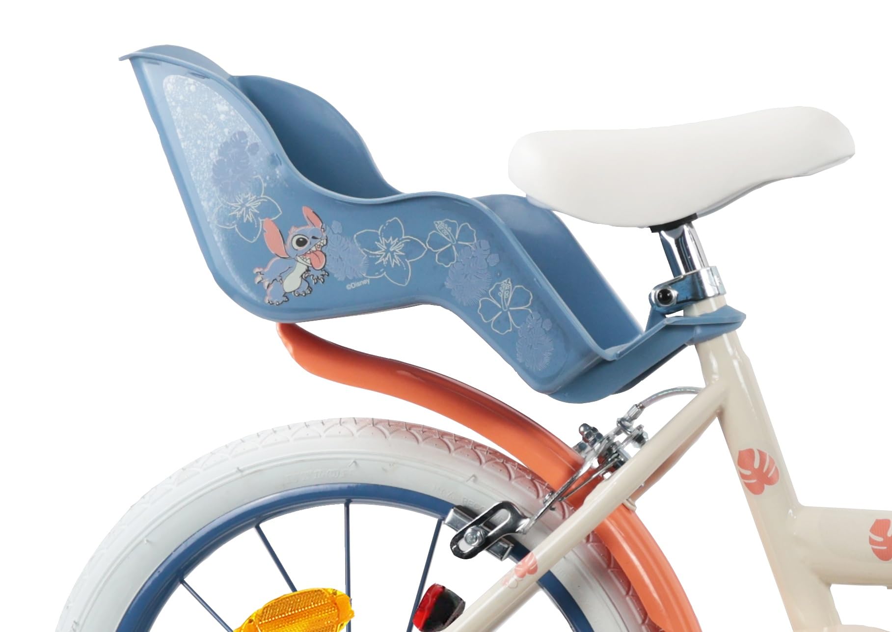 Vélo 16'' Fille avec Casque Leo & Stitch de Disney - 2 Freins Caliper - Pneus Gonflables - Panier Avant - Porte-poupée arrière - Garde-Boue 2 Stabilisateurs + Casque Stitch, Beige