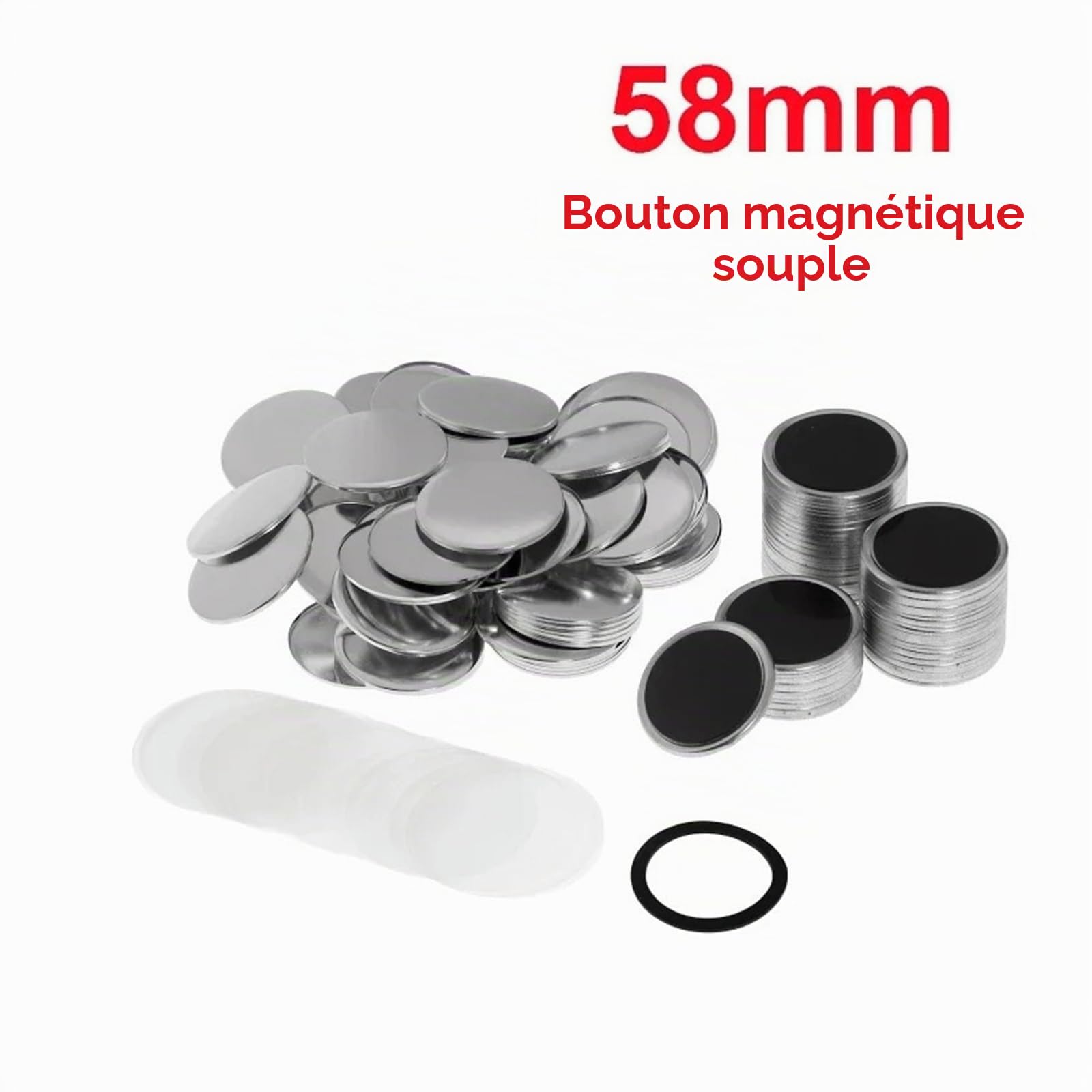 Lot de 100 badges magnétiques souples et résistants for réfrigérateur, 58 mm, à faire soi-même Polyvalence pour les loisirs créatifs(58mm Soft Magnet Button)