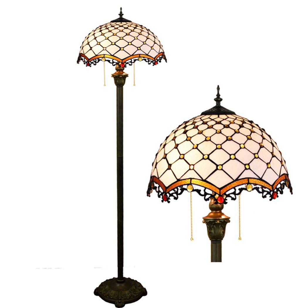 IUokLU Tiffany-style Floor Lamp Modern Mediterranean Stained Glass StandReadLight LED Uplight 64 Inch Tall White Shade Antique Base Bedroom