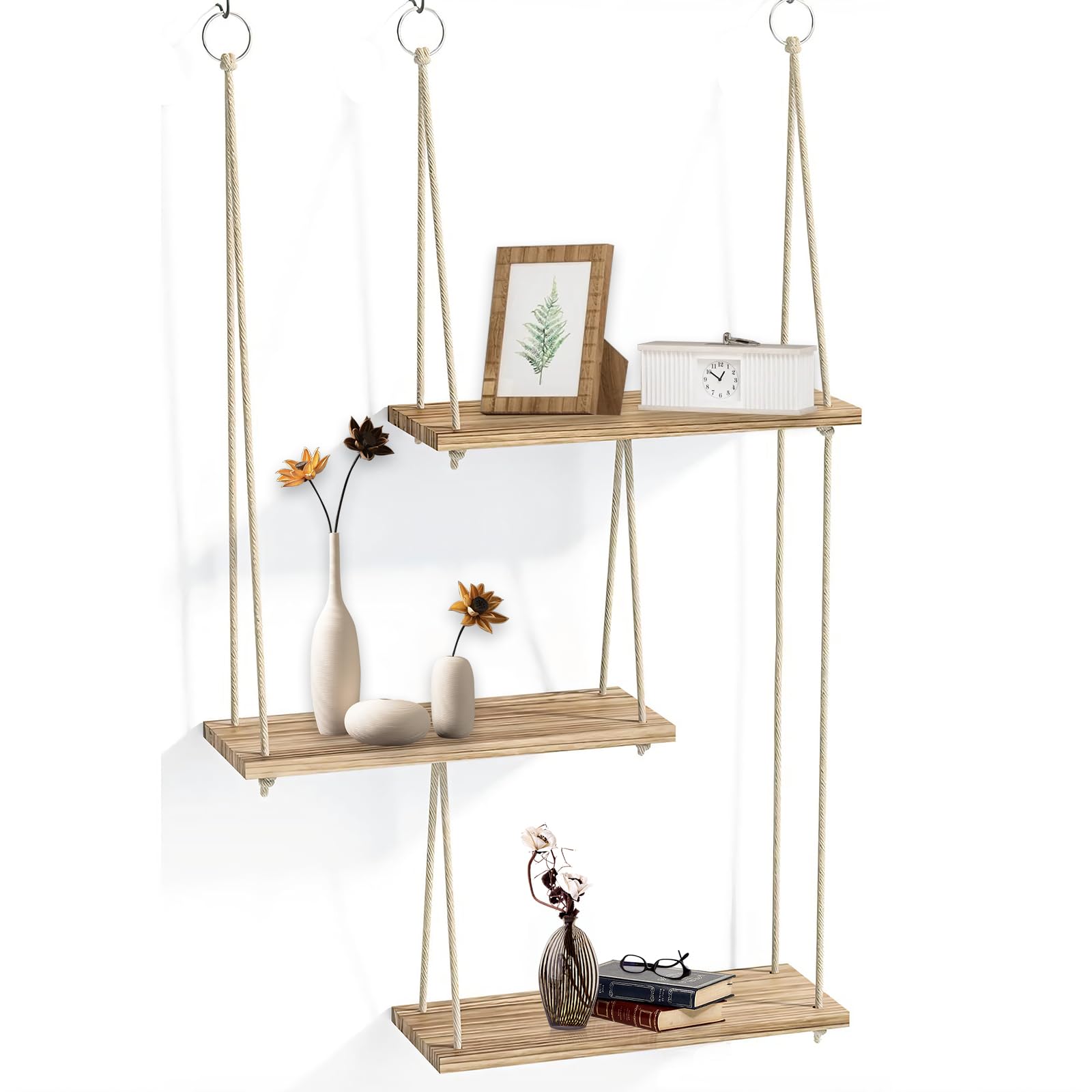 JSUOEO Hanging Shelves for Wall 3-Tier Boho Wood Floating Storage Shelf Wall Decor Small Plants Hanger with String Rope for Bedroom Living Room Kitchen Nursery