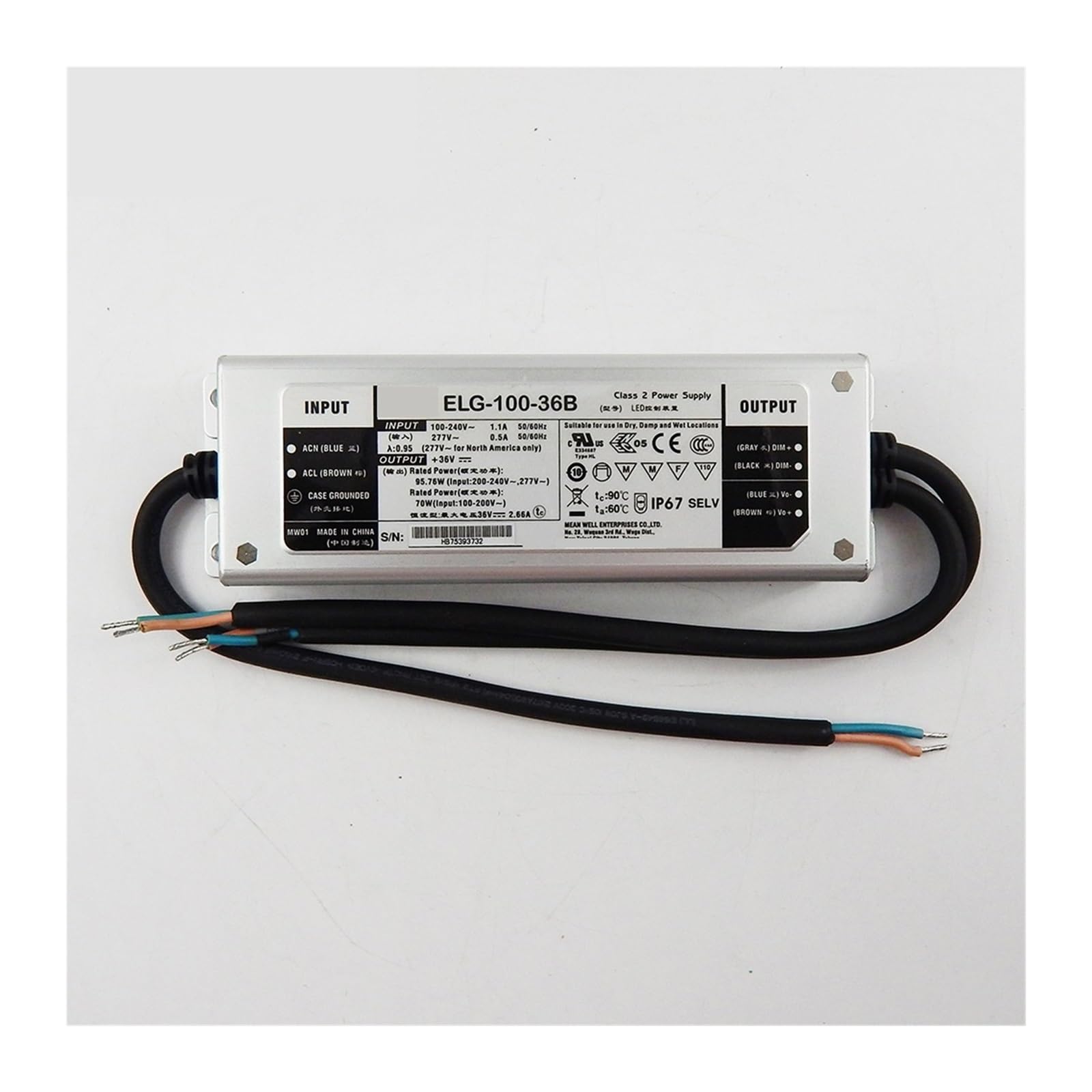 JGNAYRKJQI ELG-100-36B-3Y 96W 2.66A 36V Dimmable Power Supply 110V/220V AC to 36V DC Waterproof IP67 Dimming led Driver