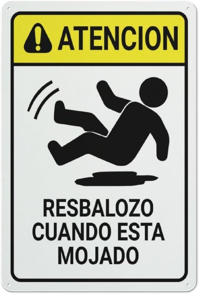 Spanish Wet Floor Warning Sign, Public Place Slip Risk Compliance Safety Metal Sign 12x8 Inch
