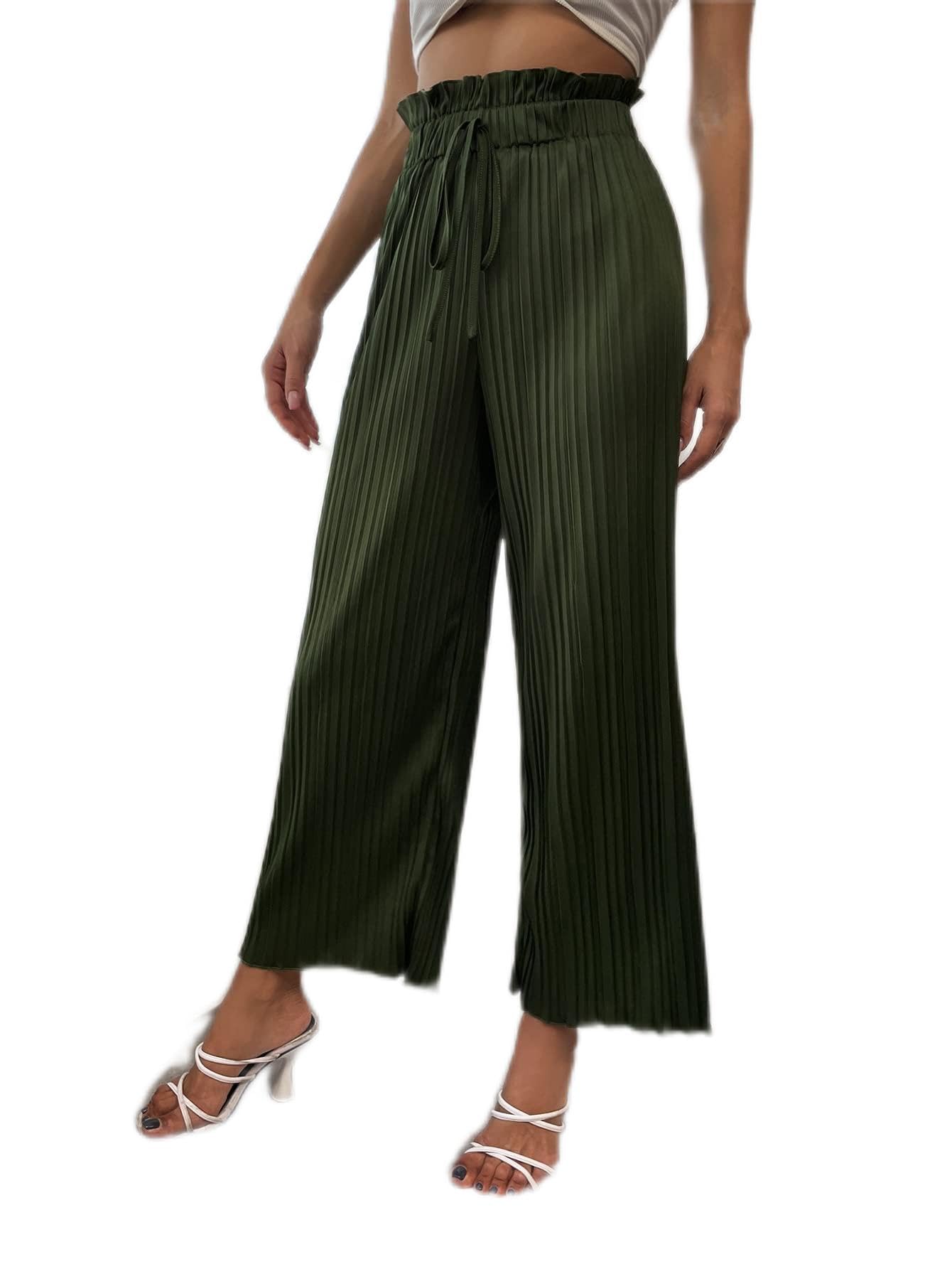 TROKI Womens Pants Tie Front Paperbag Waist Wide Leg Pants Pant for Women