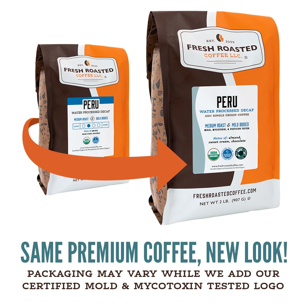 Fresh Roasted Coffee, USDA Organic Peru Water-Processed Decaf | 3rd Party Tested for Pesticides, Mold, Mycotoxins, Kosher | 100% Arabica, Specialty Grade, Med Roast 5 lb (80 oz) Whole Bean