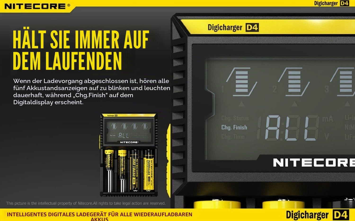 NiteCore Digicharger D4 universalladegrät für Li-Ion/IMR/LiFePO4/NiMH/Ni-Cd Akku (LCD-Display, Output Current: 4X 375mA)