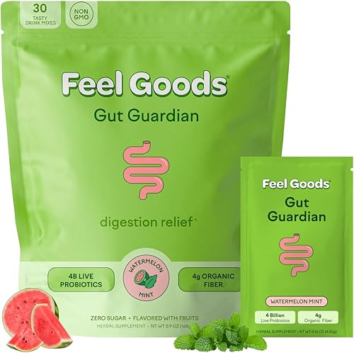 Feel Goods Mezcla Gut Guardian para la salud digestiva, probióticos 4B, prebióticos, fibra soluble de 0.14oz, mejor excremento, menos hinchazón,