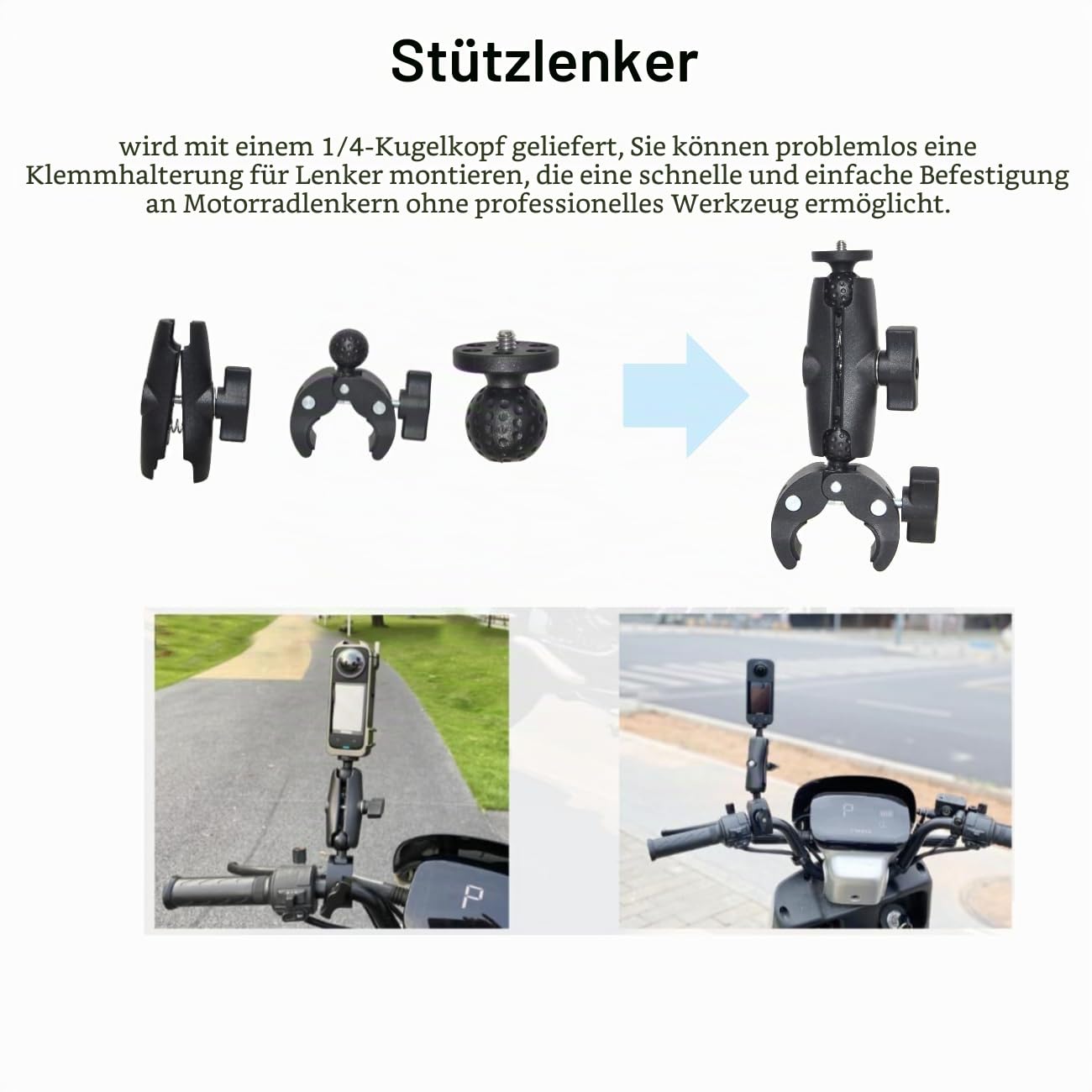 Action Kamera Motorrad Mount für Insta360 X4 Air /X5/X4/X3, GoPro Max 2, Hero 13/12/11, 360-Grad-Drehung, Double Clamp, doppelte Stabilität