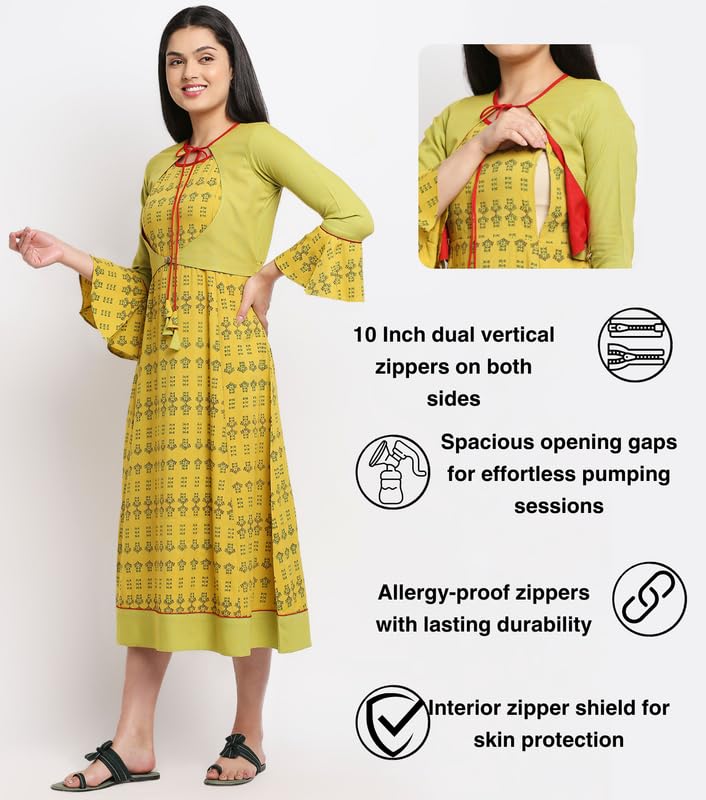 True Shape Feeding Kurtis for Women Cotton | Trendy Maternity Anarkali Kurta with Dual Nursing Zippers in Viscose Rayon for Pre & Post Pregnancy(TSJ-153-3XL, Light Green) 1