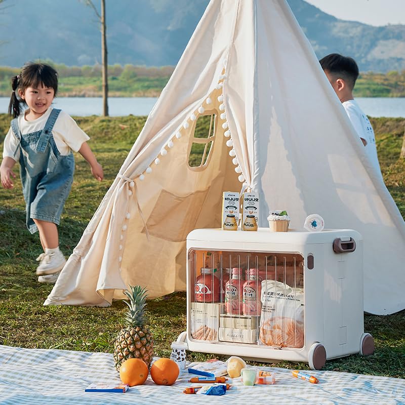 Mrbin Collapsible Kids Toy Storage Bins with Lids and Handle, Cubby Rectangle Cute Totes Clothing Plastic Box on Wheels, Nursery Organizer Chest for Living Room, Classroom, Pantry, Playroom, White