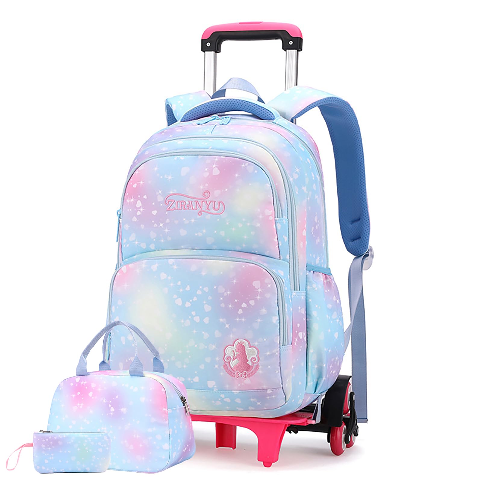 YY-RecheerRolling Schoolbag Set for Girls, Trolley Backpack for Students, Pencil Box Lunch Bag Wheeled Backpack Bag Set for Kids (A blue three-piece set)