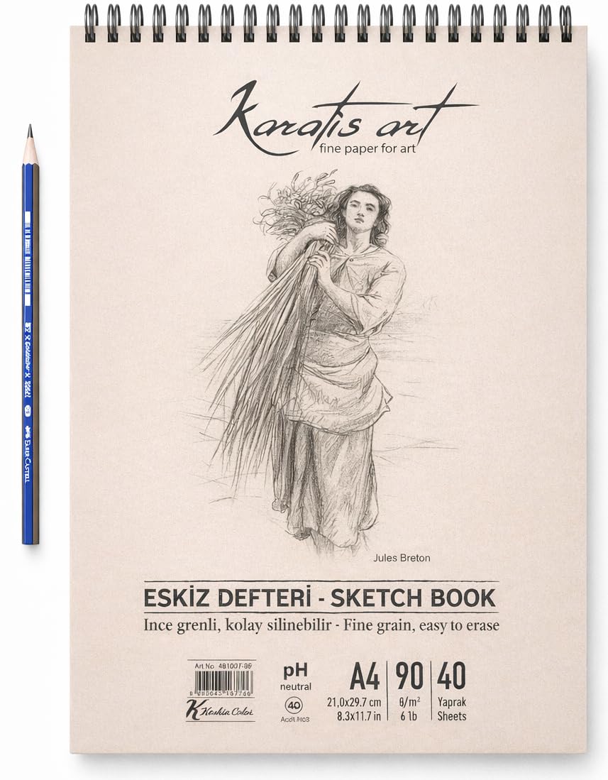 A4 Eskiz Defteri, İnce Grenli, Kolay Silinebilir pH Nötr Kağıt, Spiralli Sketch Book, 90 g/m², 40 Yaprak, Çizim ve Karakalem İçin
