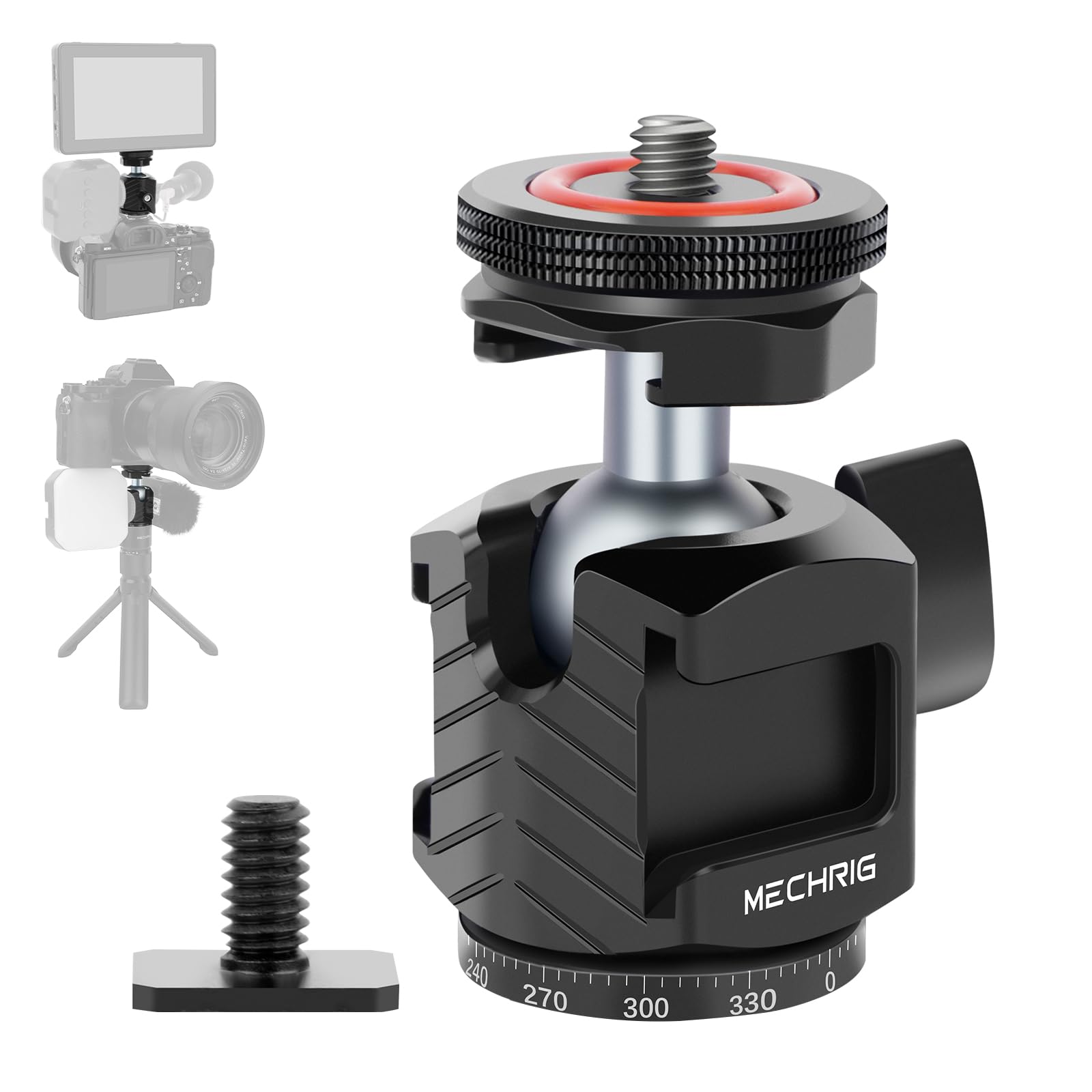 Mechrig Mini Ball Head Tripod Head with Triple Cold Shoe Mount, Aluminum Tripod Ball Head Mount for DSLR Action Camera/Smartphone/LED Light/Mic/Tripod