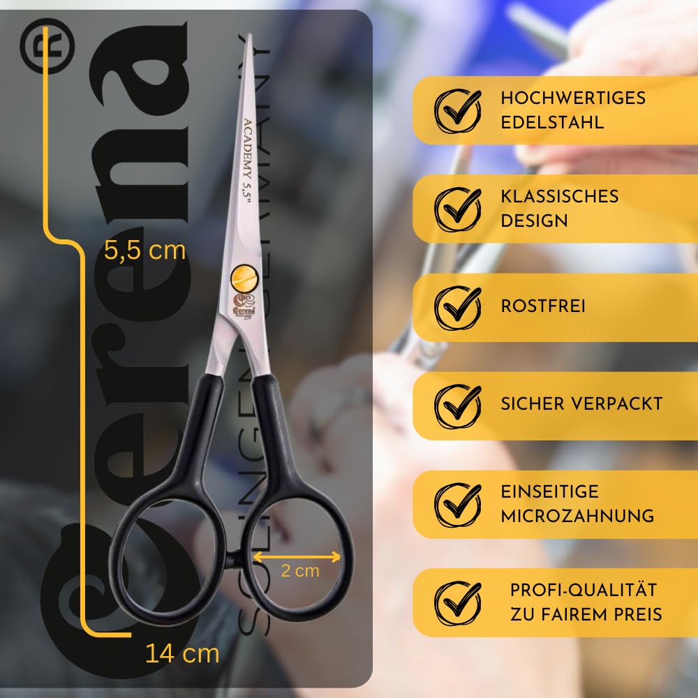 Cerena® – Friseurschere Academy aus Edelstahl mit einseitiger Mikroverzahnung – Haarschere Solingen, Haarschneideschere, 5,5" - 14 cm