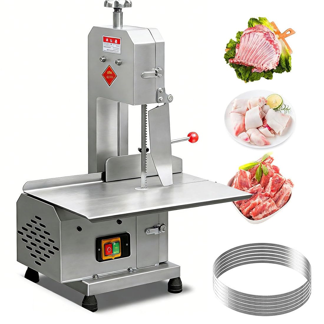 Máquina Cortadora De Carne Eléctrica Comercial, Sierra De Cinta Huesos, Sierra De Mesa 750 W, Mesa Trabajo 325 X 470 Mm,Cortadora De Carne Congelada 6 Cuchillas para Costillas,Cerdo,Ternera