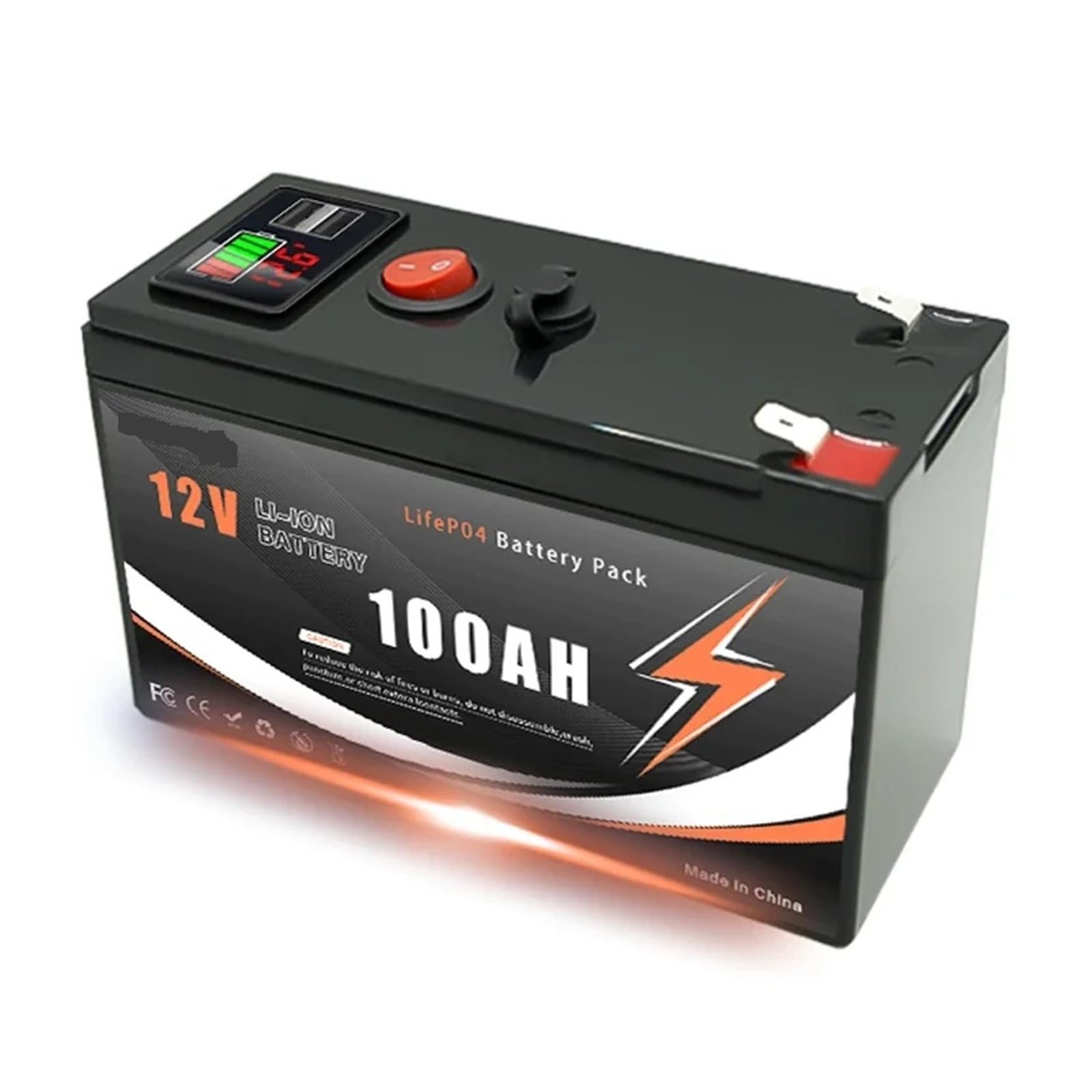 Batteria al litio LiFeP04 da 12 V e 150 Ah con BMS integrato for applicazioni di ricarica solare, fishfinder, campeggio, nautica, all'aperto, fuori rete, con porta USB(100Ah)