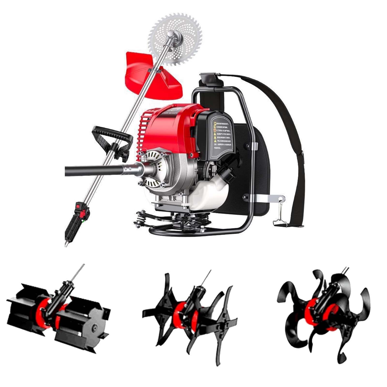Herramienta Jardín Todo En Uno De Mochila A Gasolina: Desbrozadora 4 Tiempos, Cortamalezas Y Motocultor Mini, 35.8CC 1.4HP para Deshierbe Labranza Cosecha Limpieza Zanjas