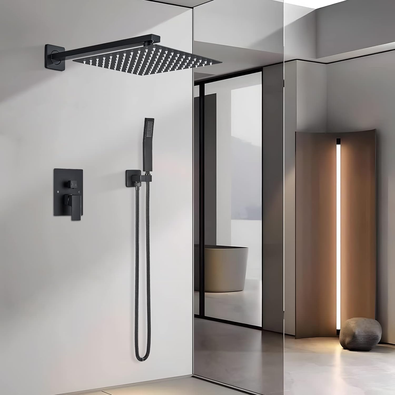 Grifo Ducha Negra Empotrada, Acero Inoxidable 304, 10 Pulgadas | 360° Duchas de Bano, Rociador Efecto Lluvia, Ajuste de Agua Fría y Caliente, Conjunto Grifo Duchas de Alta Presión