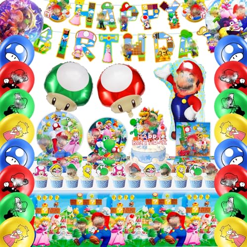 79PCS Super Geburtstag Party Deko, Theme Geschirr Set 10 Personen Enthält Luftballons Geburtstag Banner Tischdecke Tortendeko Servietten, Cartoon Geburtstagsdeko Pappteller Kindergeburtstag