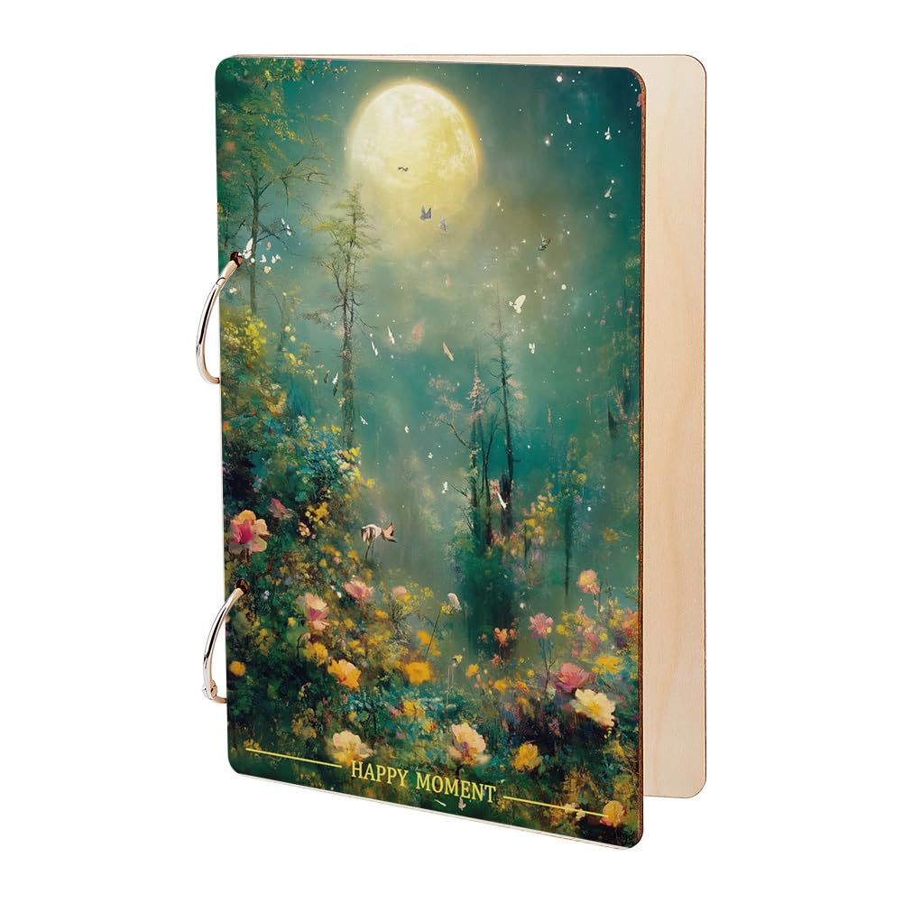 SUPERDANT Happy Moment Greeting Card Organizer Planning Book Binder Card Keeper Moonlight Jungle Birthday Cards Holder Wooden Keeper Binder Photo Album 2-Rings Cover Keepsake Holiday Wedding Gifts