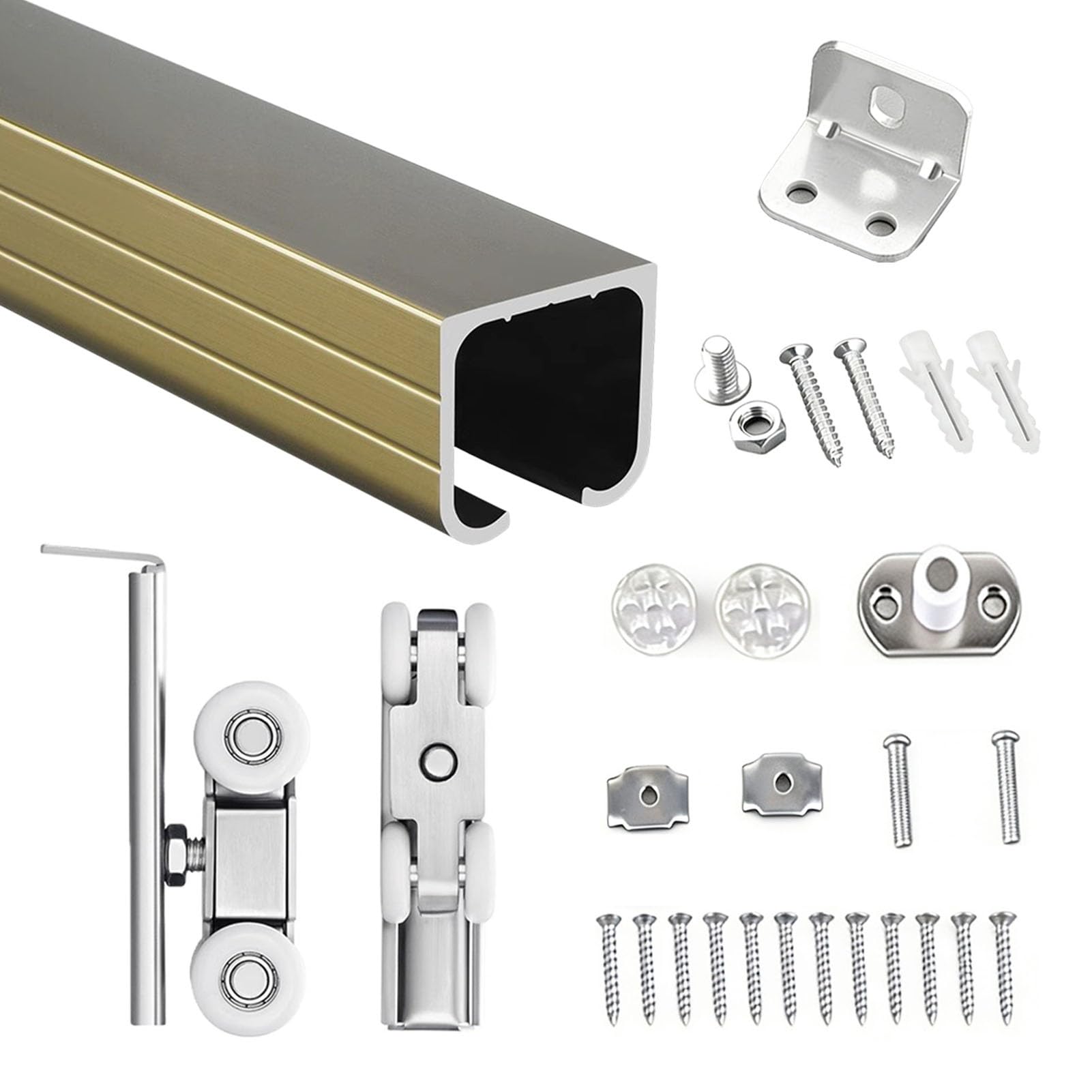 340 cm aluminiowy zestaw okuć do drzwi przesuwnych, wytrzymały system do montażu na ścianie z drzwiami kieszonkowymi ze stoperami do użytku wewnątrz / na zewnątrz (wykończenie szampańskie)