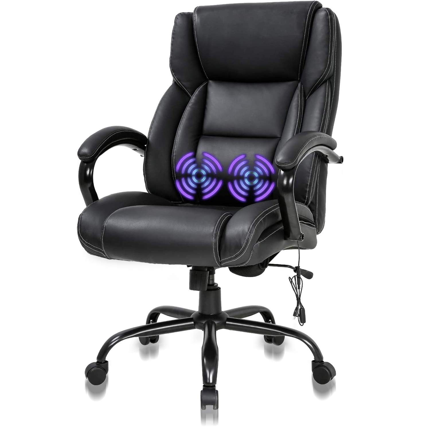 Photo 1 of 500lbs Big & Tall Task Office Chair, Wide Seat Desk Chair with Massage Lumbar Support Armrest Swivel Rolling High Back Leather Adjustable Ergonomic Computer Chair for Managerial Executive Chairs Black