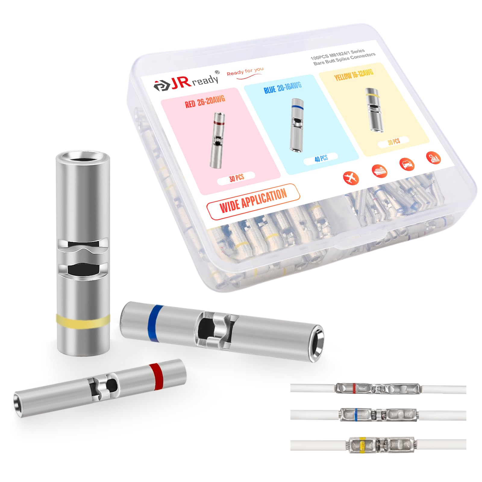 JRready ST6387 M81824/1 Series MiniSeal Crimp Splices 100Pcs Bare Butt Splice Connectors Seamless Copper Crimp Splices 12# (Yellow), 16# (Blue), 20# (Red), MiniSeal for Secure Wiring