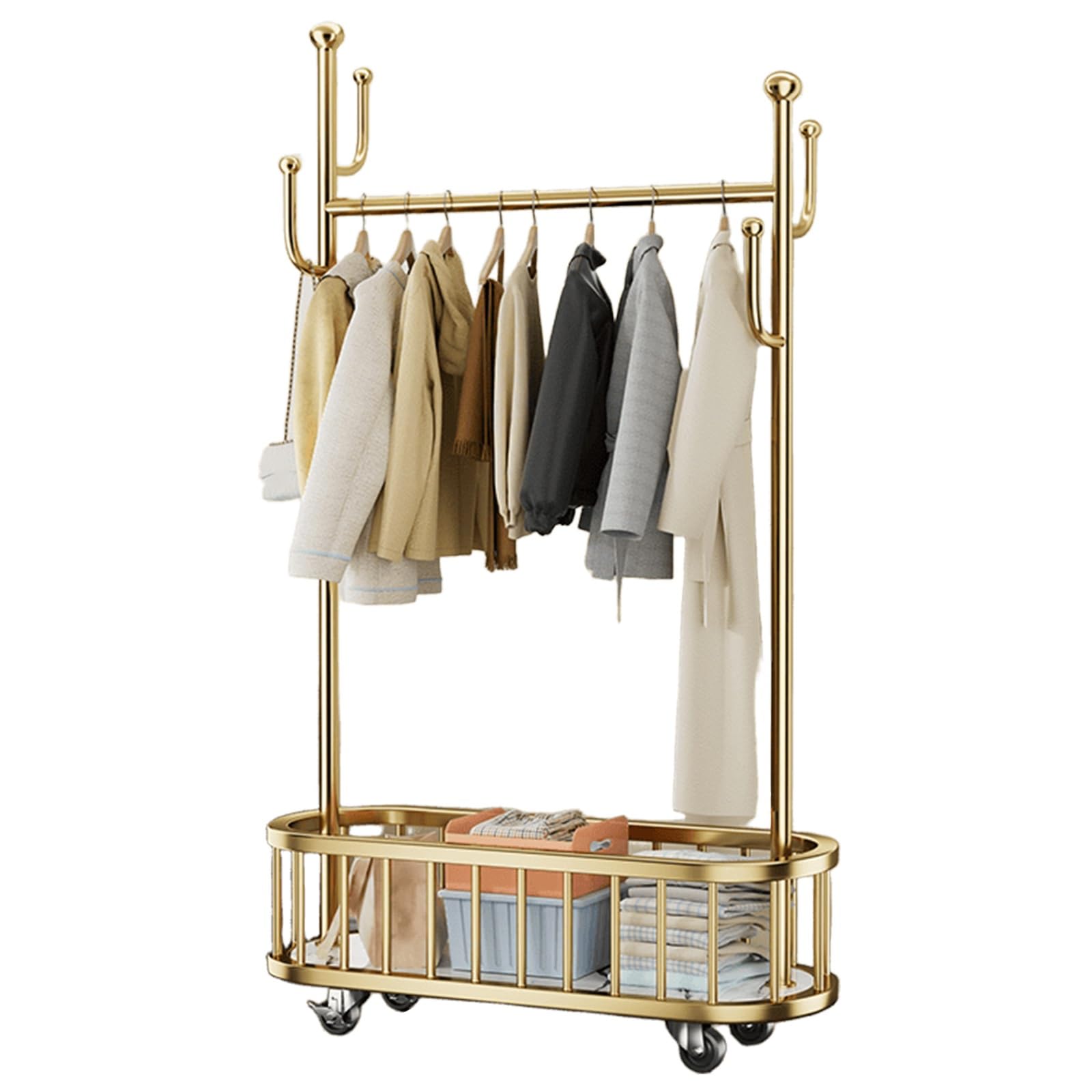 YNBSHGAA Metal Rolling Clothes Rack with Wire Basket 80cm/31in Portable Garment Stand for Bedroom and Entryway Stylish Black Clothing,Gold-60 cm/24 in