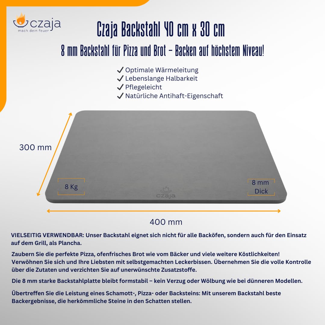 Czaja Premium Pizza- und Brot-Backstahl 8mm - 40 x 30cm - Für knusprige Pizza & Brot wie aus dem Steinofen | Pizzastein, Ofenstein, Backblech