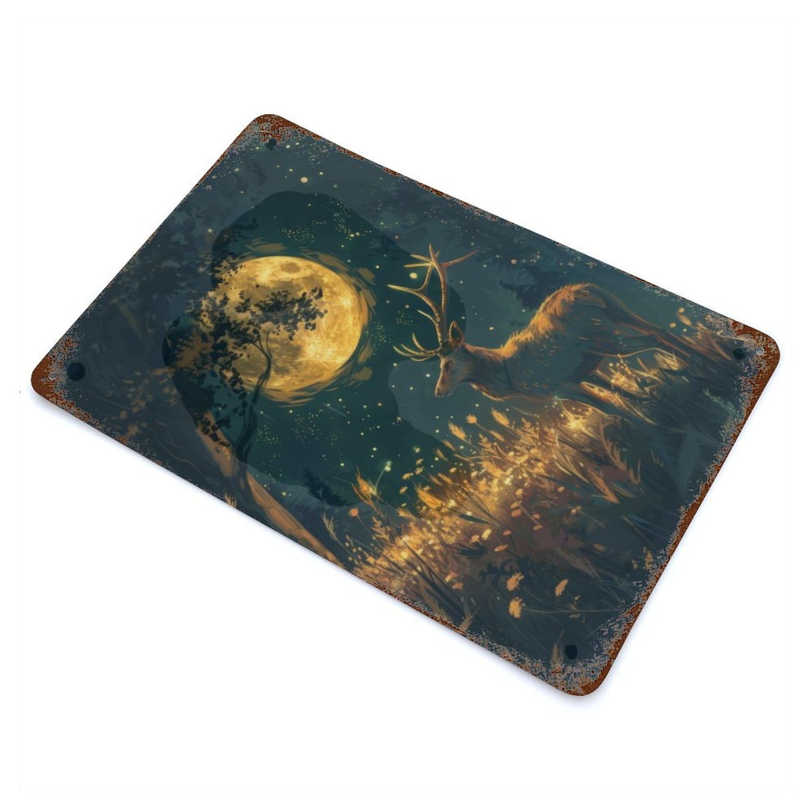 Retro Metal Sign with Moonlit Deer Design 11.8"x7.9", for Office, Studio And Wall Decor, Retro Wall Decor