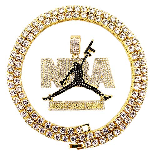 HH Bling Empire Mens Iced Out Hip Hop 14K Gold Artificial Diamond NBA Basketball Related Pendant cz Tennis Chain Necklace 22 Inch (NBA-Black)
