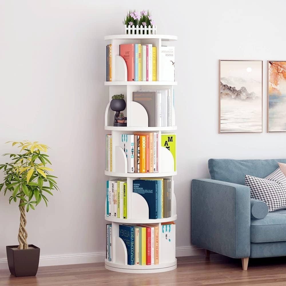 SKADE 5-Tier Rotating Bookshelf, 360 Degree Display, Freestanding Bookcase, Rotating Shelf, Bookcase for Kids and Adults, Multifunctional Bookshelf Organizer