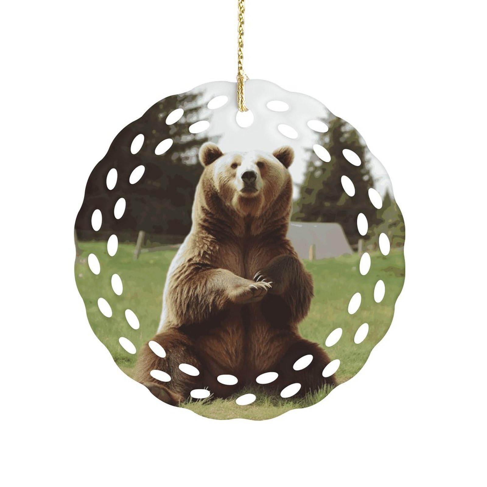 Btcowzrv Style Hi Bear Sit On The Lawn Ceramic Ornament,Round Ornaments With Hole Easy To Hang,Hanging Ornament For Wedding Party Home Window Garden Christmas Day Decor