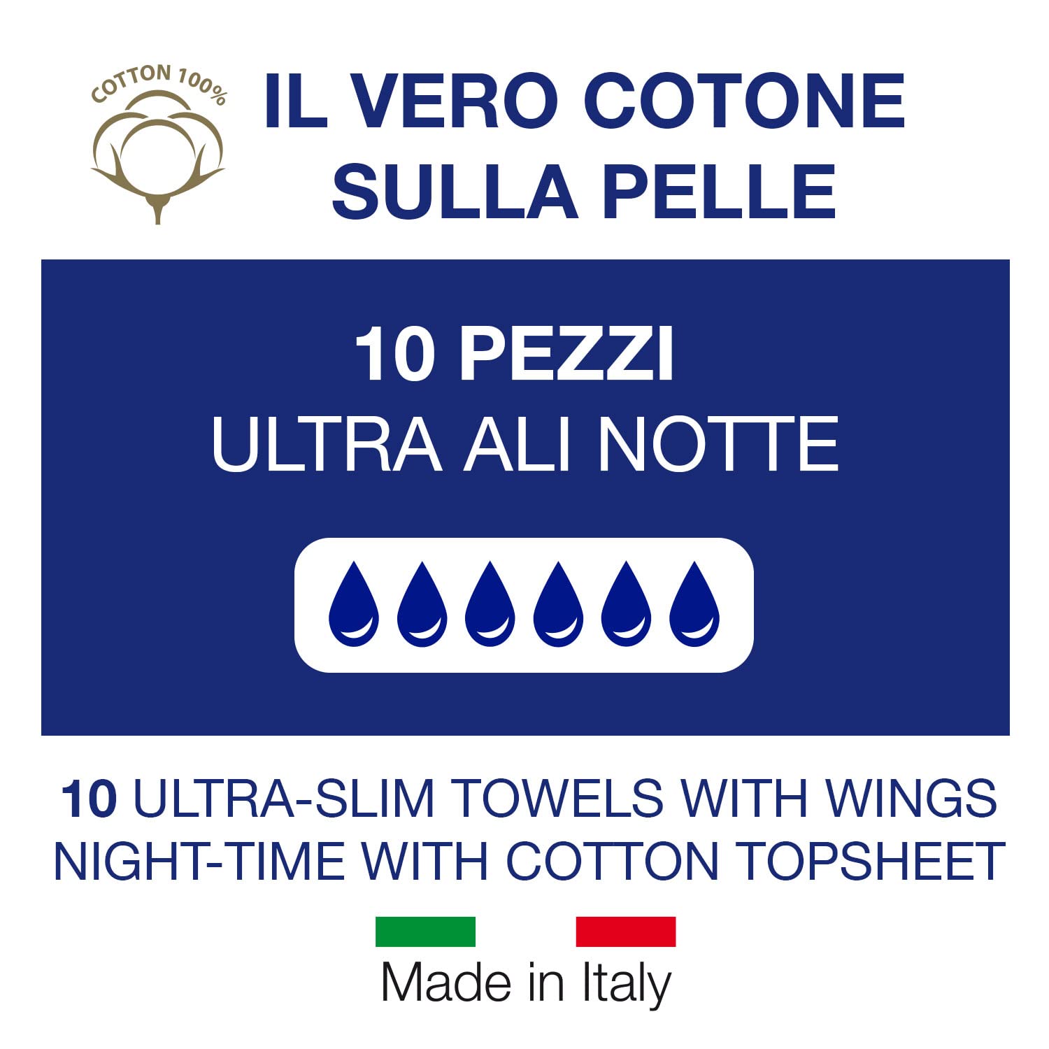 COTTON SOUND ULTRA ALI NOTTE Assorbenti con Cotone 10 Pezzi, 100% Cotone Idrofilo, Ipoallergenici, Dermatologicamente Testati, Super Assorbenti, Tecnologia Multistrato, Made in Italy