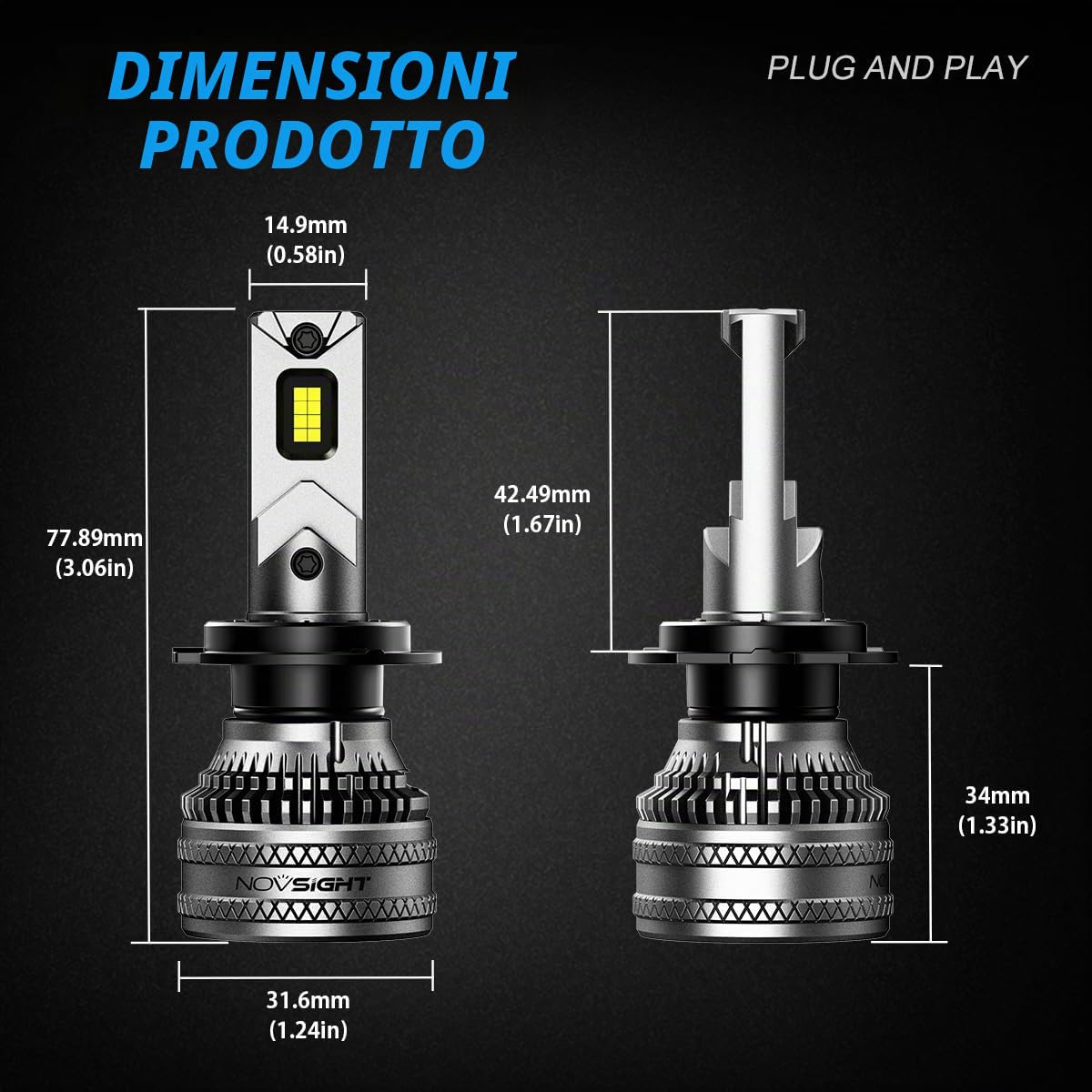 NOVSIGHT H7 LED Lampadine - 45000LM 200W H7 lampadine per fari con ventola, 900% di luminosità 6500K luce bianca lampadina LED, Plug and Play, IP68 impermeabile, confezione da 2