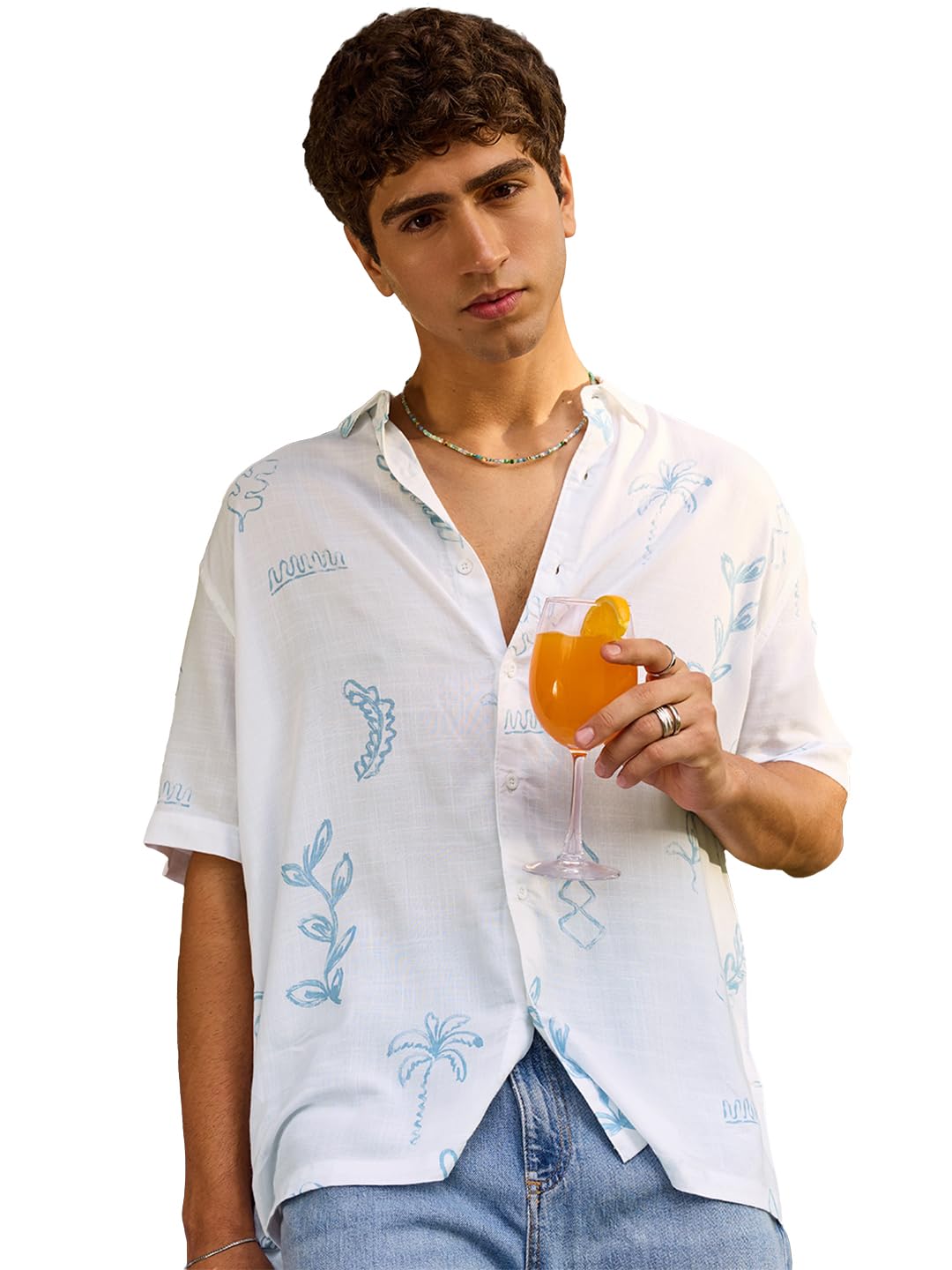 Bewakoof Men's All Over Printed Oversized Fit Half Sleeve Collar Viscose Shirt in multi