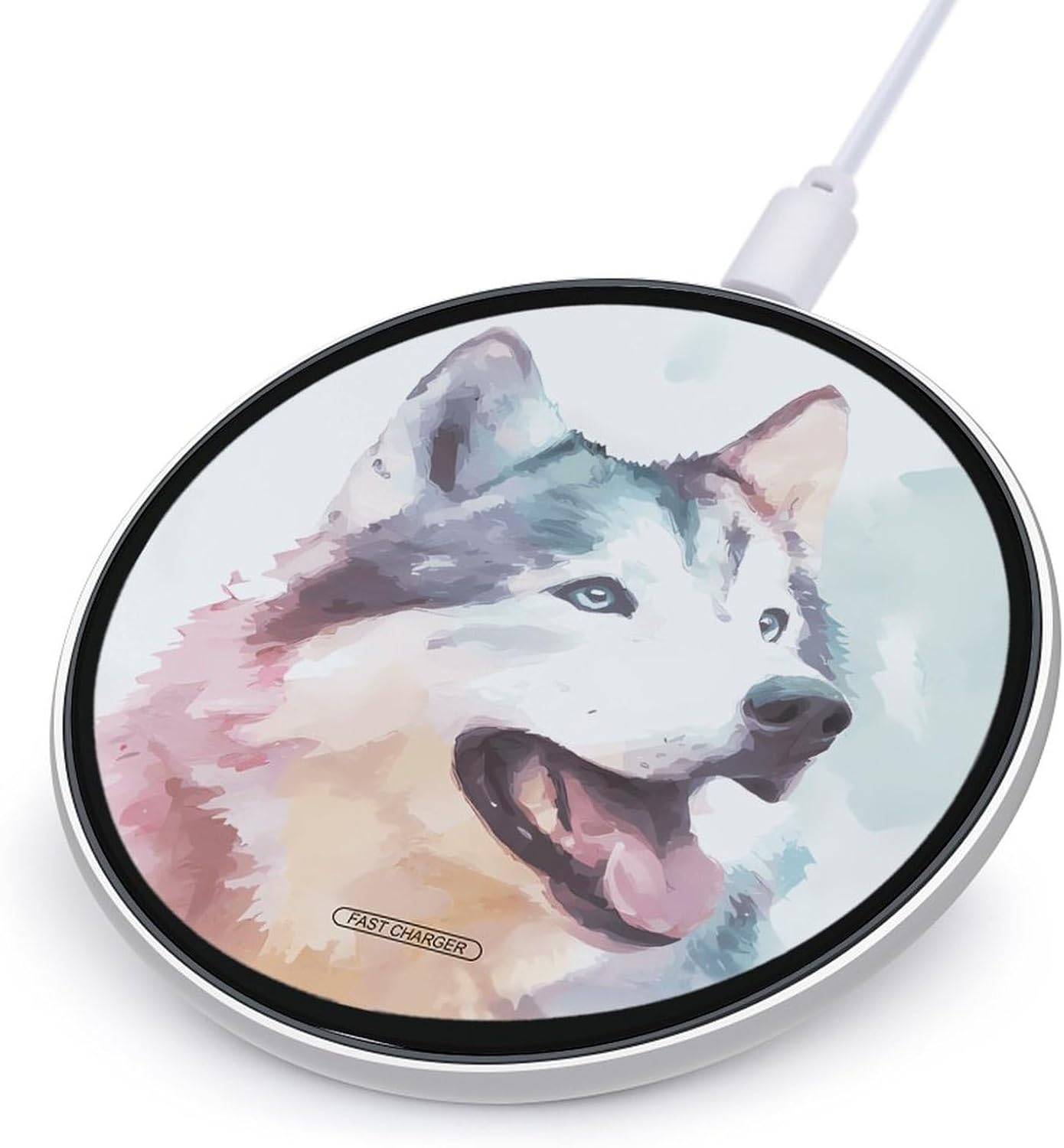 Watercolor Husky Dog Wireless Charging Pad 10W with Data Cable Compatible with iPhone Samsung