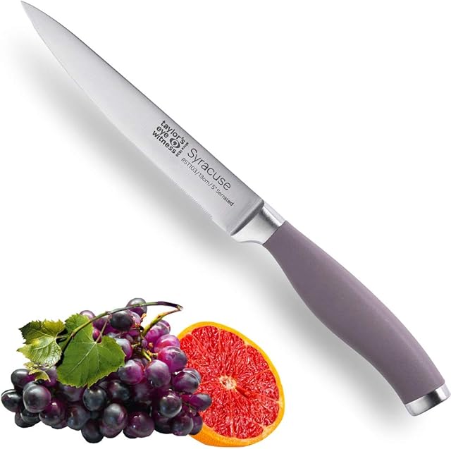 Taylors Eye Witness Syracuse Serrated Utility Kitchen Knife - Professional 13cm/5 Cutting Edge, Multi Use. Ultra Fine Blade, Precision Ground Razor Sharp. Soft Textured Grip. Berry Coloured Handle.