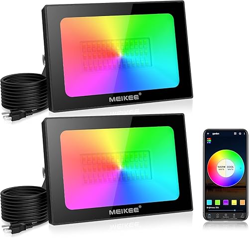 MEIKEE Paquete de 2 luces de inundación LED RGBCW de 42 W, luces de inundación inteligentes Bluetooth que cambian de color, control de aplicación,
