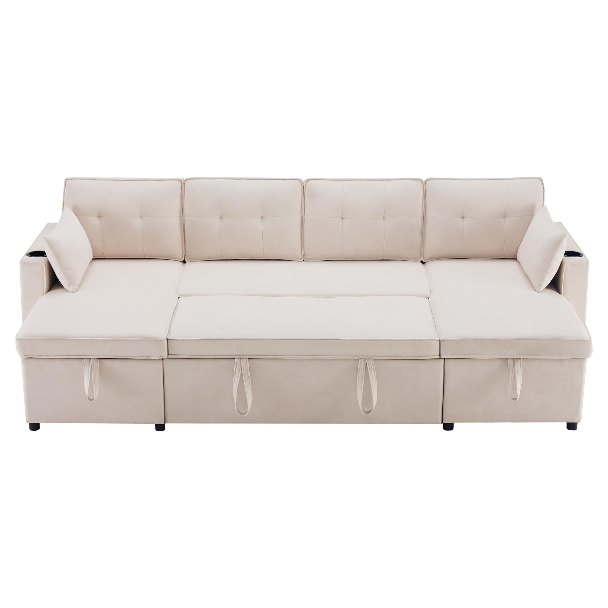 Sofá en forma de U, sofá cama con función de dormir, sofá tapizado, tela de algodón y lino, con soporte para bebidas, dos espacios de almacenamiento, adecuado para familias, salas de estar y