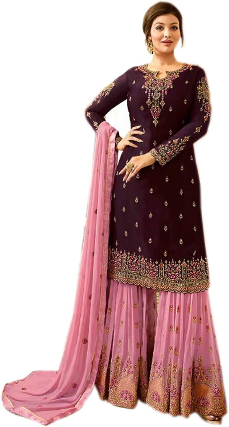 Sewn Salwar Kameez Sharara long Sleeves Indian Designer Shalwar Suit Party Wear Ready To Wear ethnic Heavy Foux Georgette Nazmeen Chiffon Dupatta