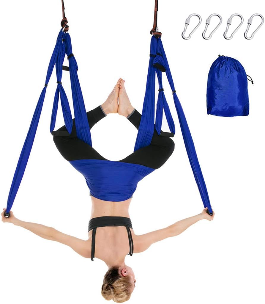 Aerial Yoga Swing Set Ultra Strong Antigravity Yoga Hammock Flying Trapeze Yoga Kit Aerial Yoga Hammock Sling Inversion Tool for Home Gym Fitness (Dark Blue)