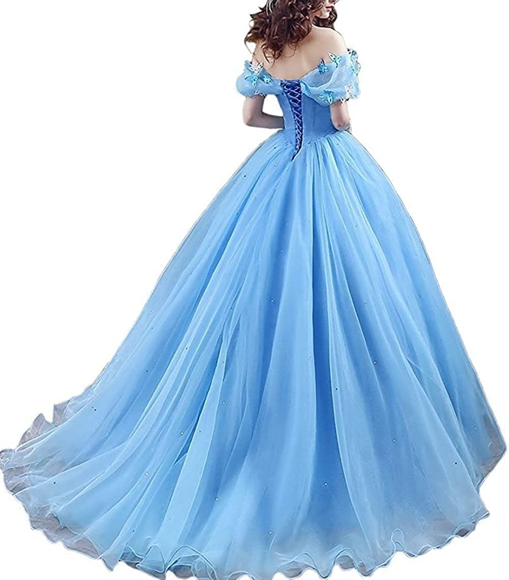 Abito da Cenerentola Abito da Ballo Abito da Principessa Abito Cosplay Via dalla Spalla Abito da Ballo in Tulle Abiti Quinceanera Vestito con Farfalla