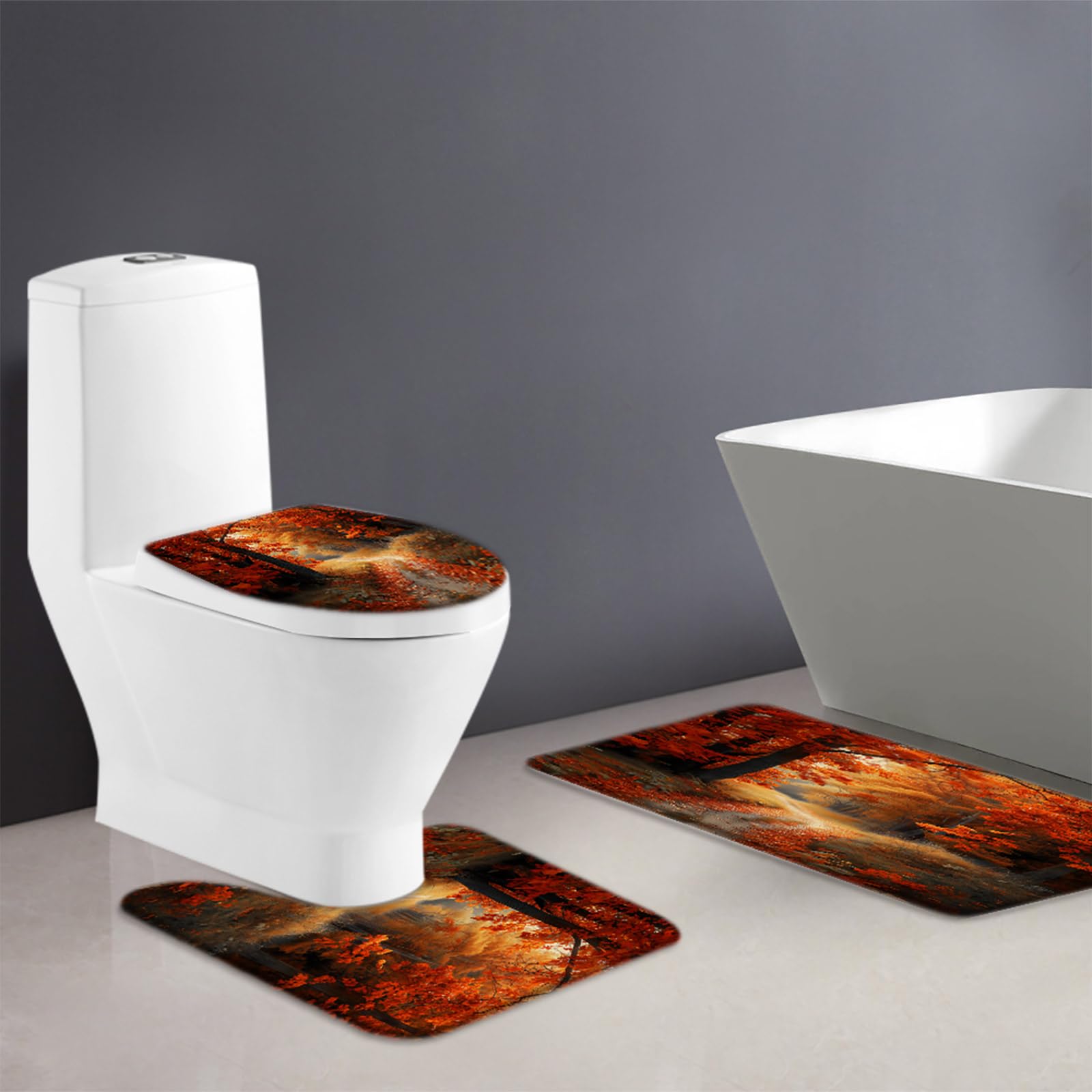 AYDSMYD 3 Piece Fall Forest Bath Mat Fall Maple Leaves Tree Nature Autumn Season Scenery Bathroom Bathtub Floor Rugs Absorbent Doormat Toilet Decor