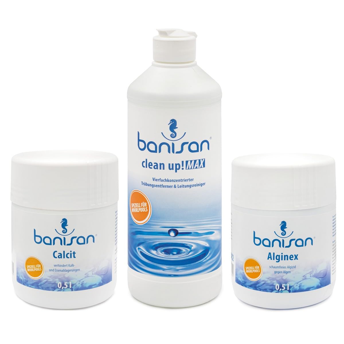 Sparset Alginex Clean up MAX Calcit Wasserpflege für Whirlpools SwimSpa Banisan-Set Wasserpflege Set Algendesinfektion Aktivsauerstoff