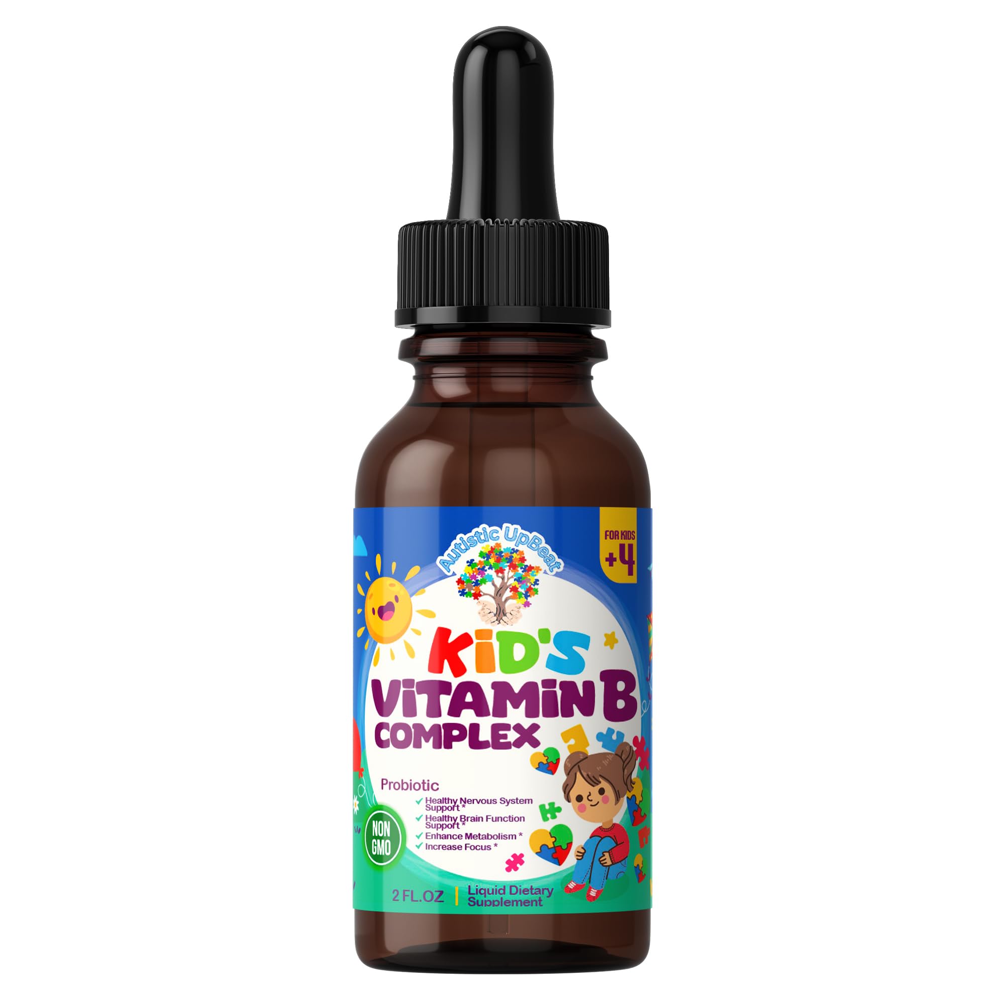 Autistic UpBeat: Kid's Vitamin B Complex | Kid-Friendly Drops | Unlfavored | B1, B2, B3, B6, B7, B9 & Methyl B12 | Brain Function, Focus, Metabolism | Kids B Complex Liquid Drops Supplement